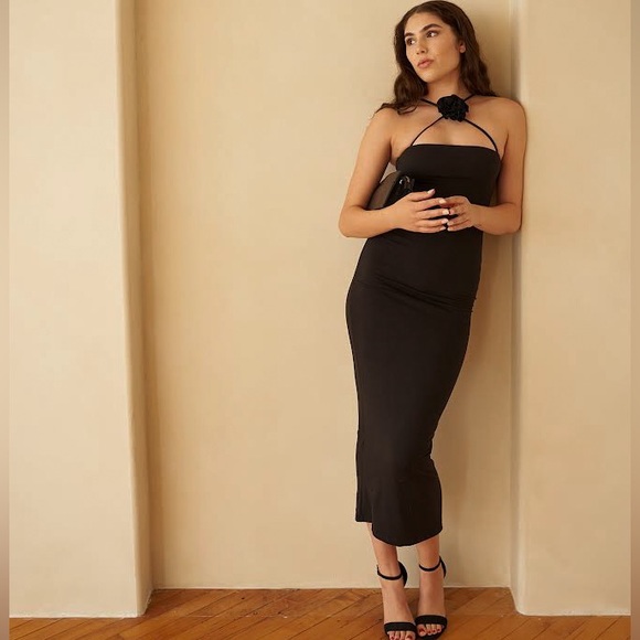 Black Bodycon Corsage Rosette Midi Dress - Picture 1 of 13